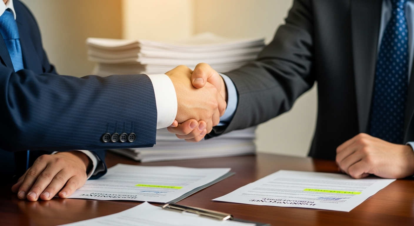 Professionals shaking hands on a settlement