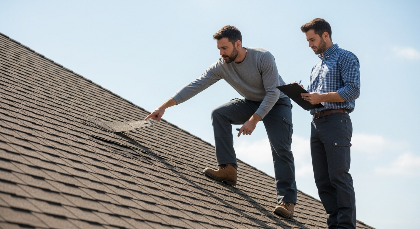 Two appraisers inspecting roof damage together