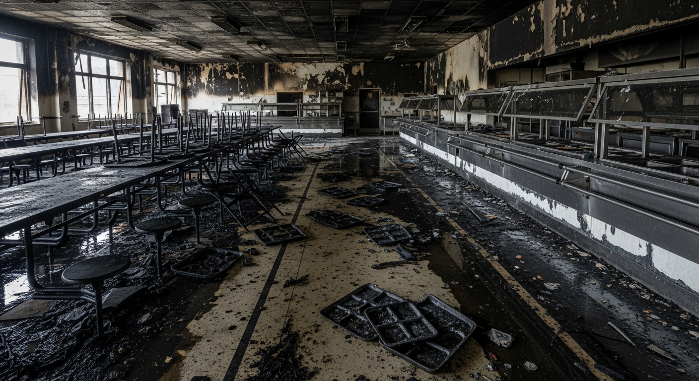 School cafeteria with fire and smoke damage
