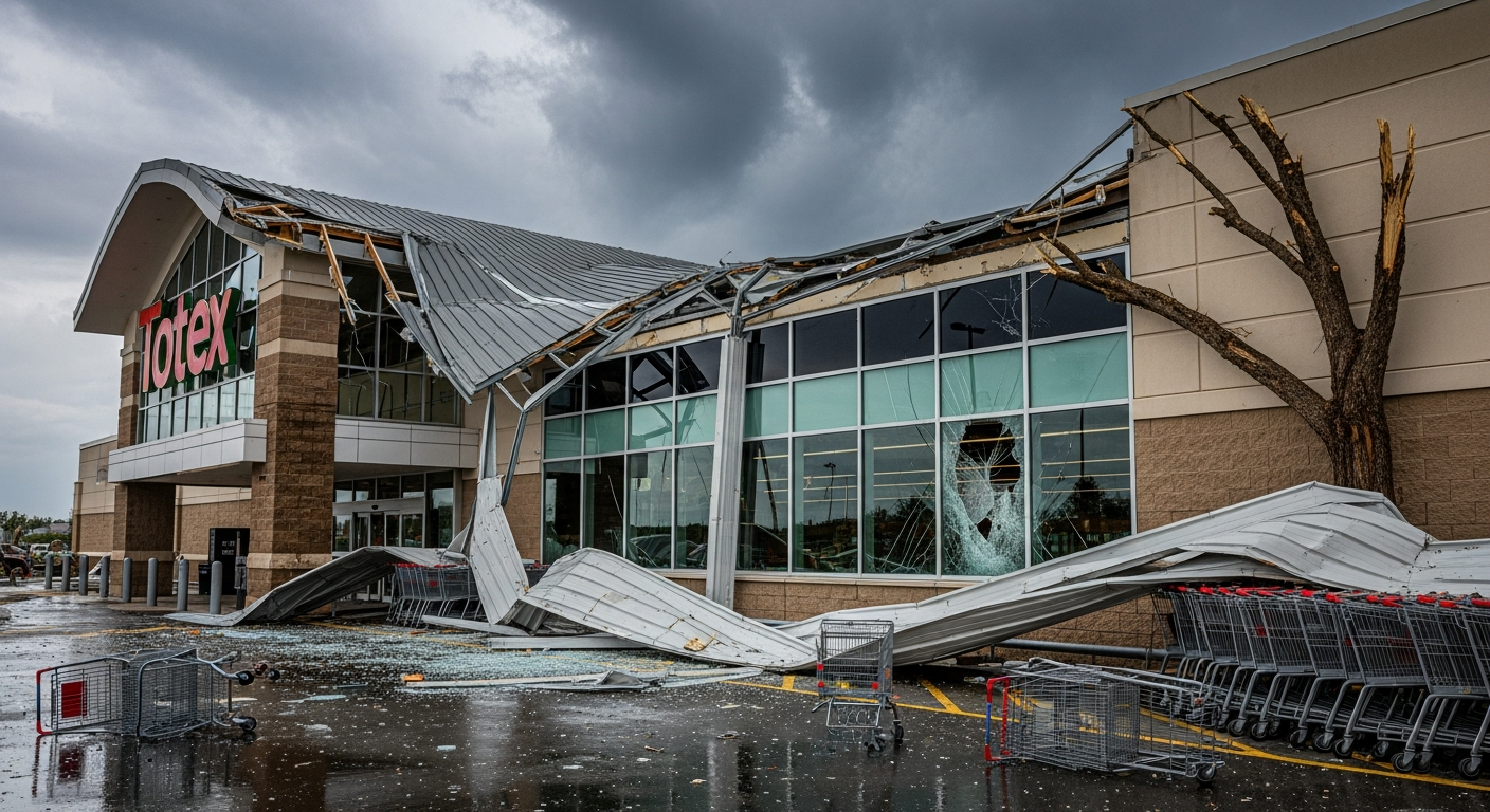 Storm damaged supermarket building exterior