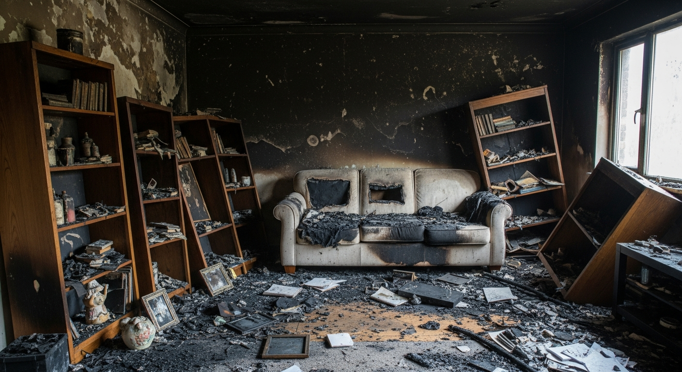 Home interior with severe fire damage
