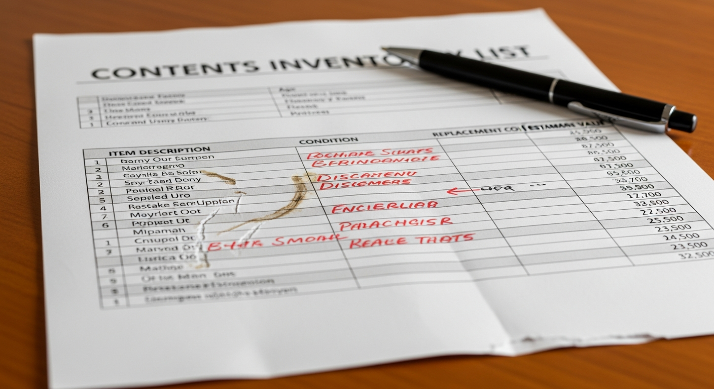 Damaged contents inventory list and estimate