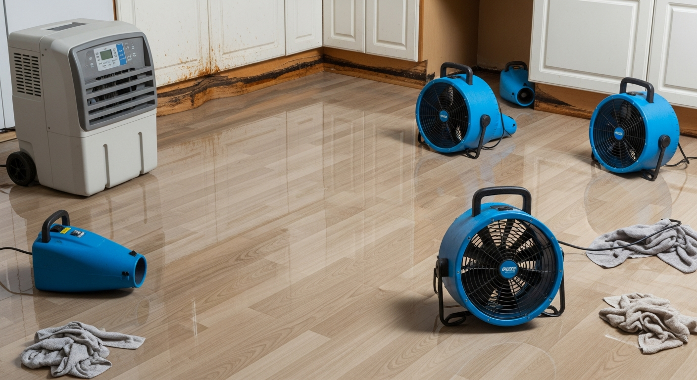 Kitchen water damage with restoration equipment