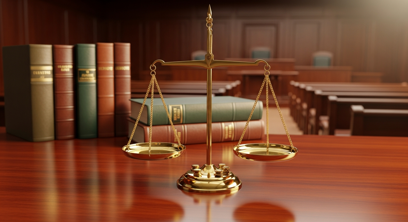 Scales of justice on a courtroom desk
