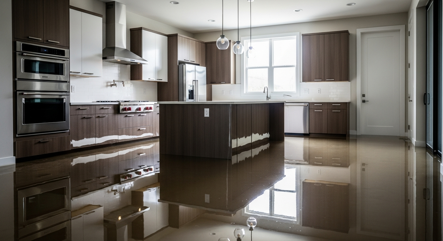 Severely flooded residential kitchen interior