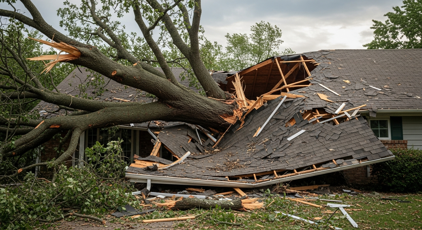 Tree fallen on residential house